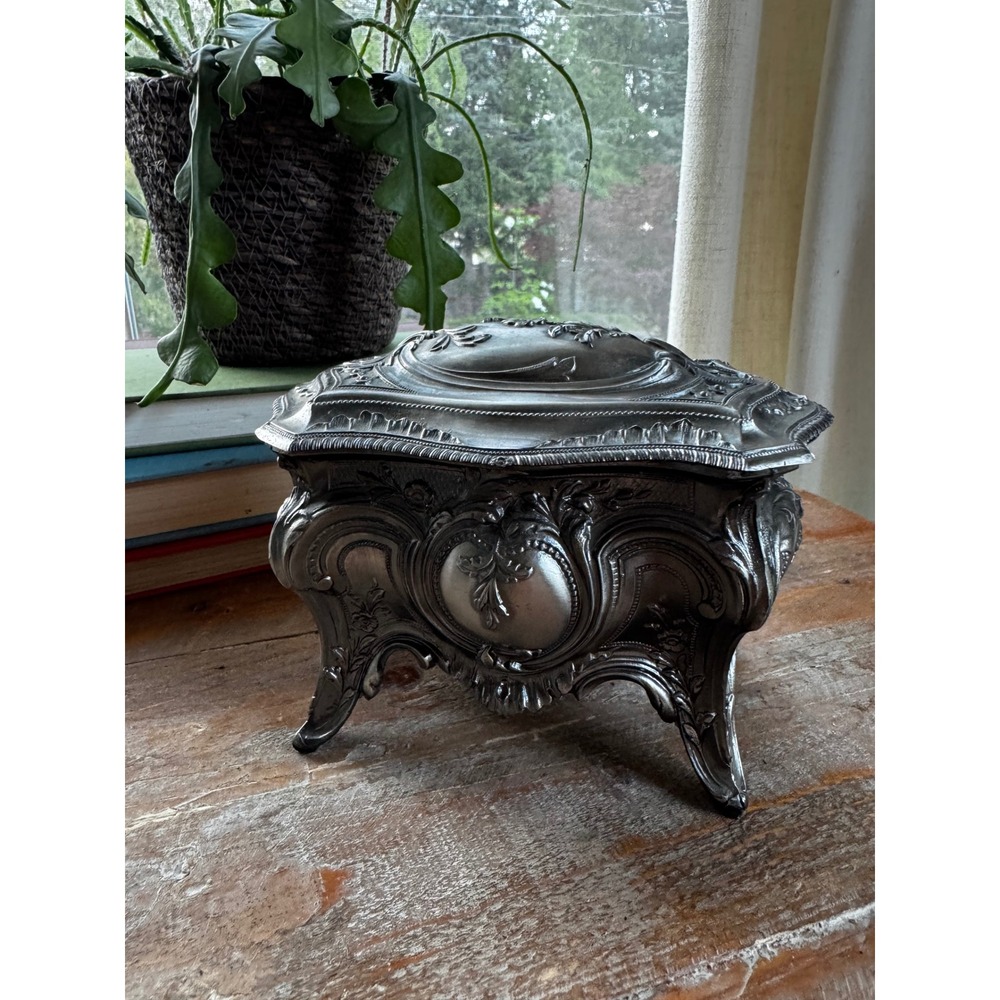 Vintage Ornate Silver Tone Footed Jewelry Casket Box Red Velvet Lining Rococo